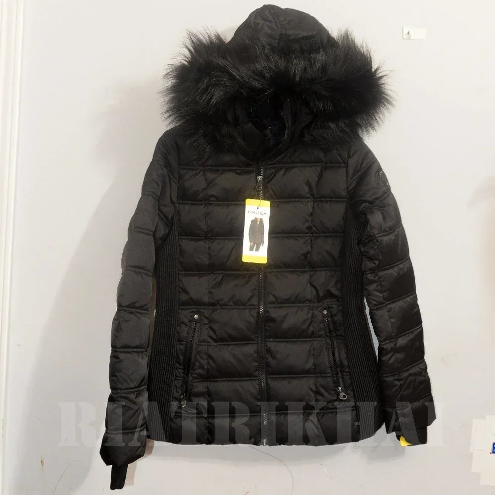 Nautica Womens Faux Fur Trim Hooded Midweight Puffer Jacket BLACK - Picture 2 of 12